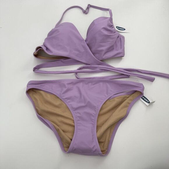 Old Navy Purple Tie Bikini Halter Set Size Medium Top, Large Bottoms Beach - Picture 1 of 11